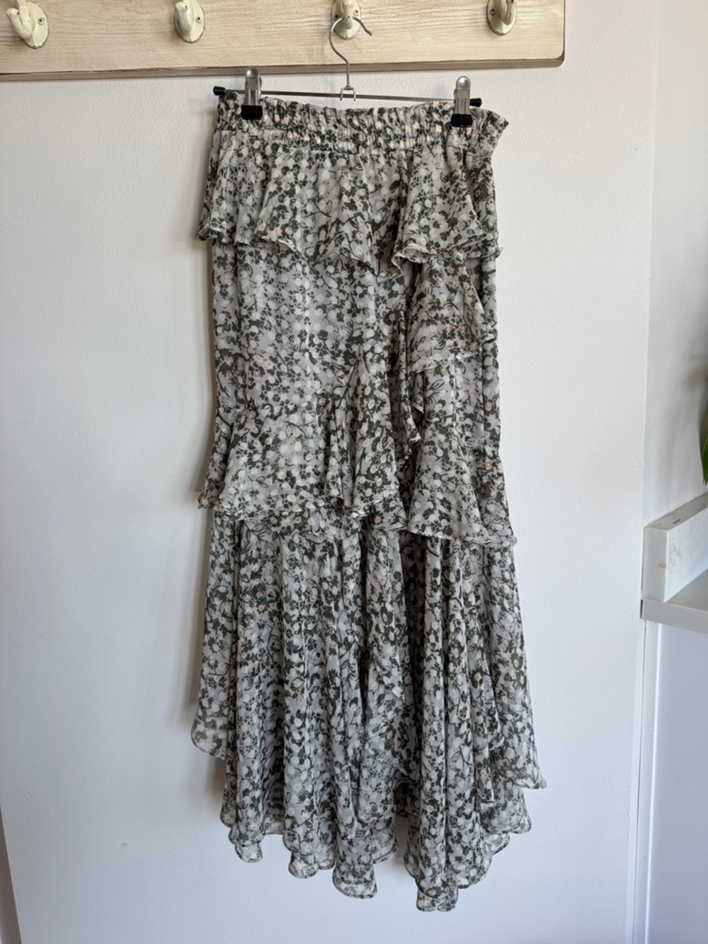 Misa Los Angeles Cream and Olive Floral High-Low Ruffle Skirt